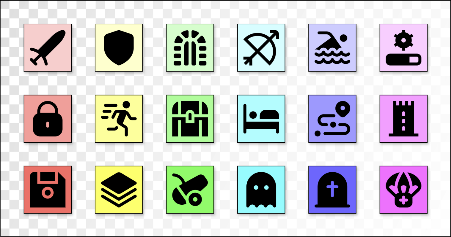 A set of 18 simple icons set atop a checkerboard grid. The icons are various colors, arrayed like a rainbow, and each icon has a solid black symbol: a sword, a shield, a person swimming, a tower, a ghost, a grave, and more.